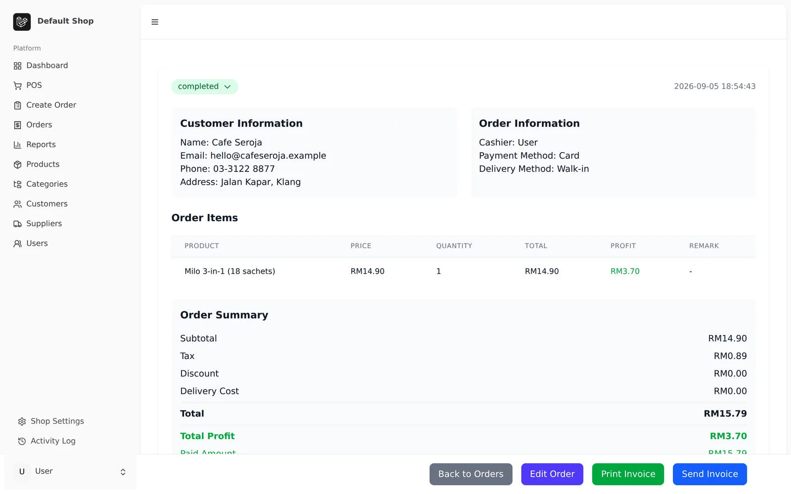 SferaPOS order detail with customer, items, profit and print or send invoice buttons