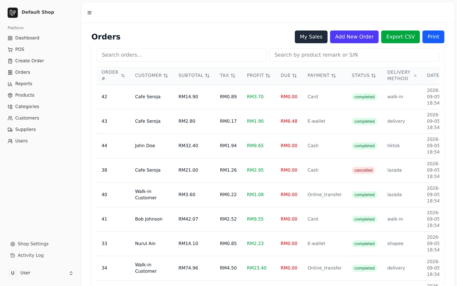 SferaPOS orders list showing customer, subtotal, tax, profit, due amount, payment method, status and delivery channel